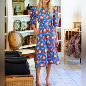 Olivia James Margot Ikat Cotton Voile Shirt Dress Belted Midi Resort Vacation S